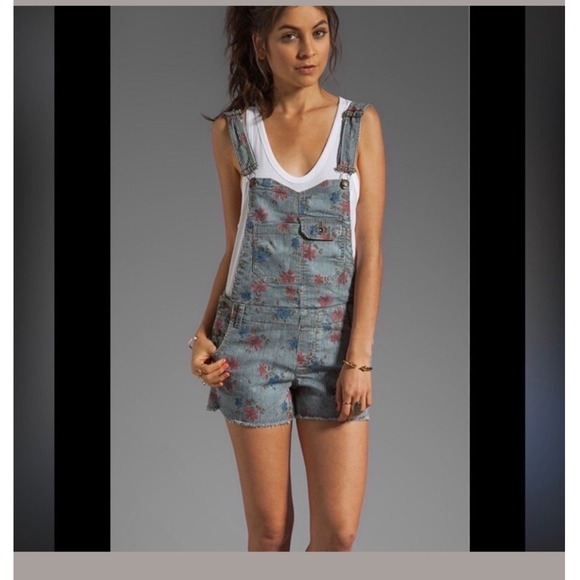 Free People Denim - Free People Floral Hickory‎ Stripe Denim Shortalls Blue White Pinstripe Size 8